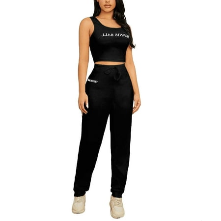 

Casual Letter Graphic Scoop Neck Pant Sets Sleeveless Black Womens Pajama Sets (Women s)