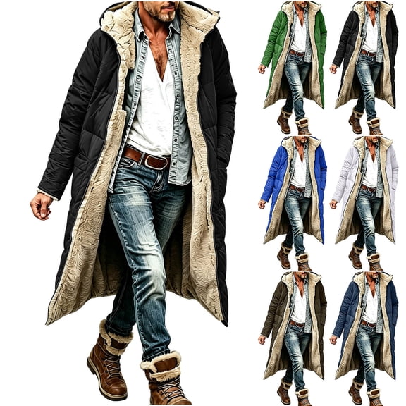 MexChoioe Mens Long Sherpa Lined Hooded Coat Full Zip Warm Thick Outerwear Fall Winter Casual Jacket for Mens