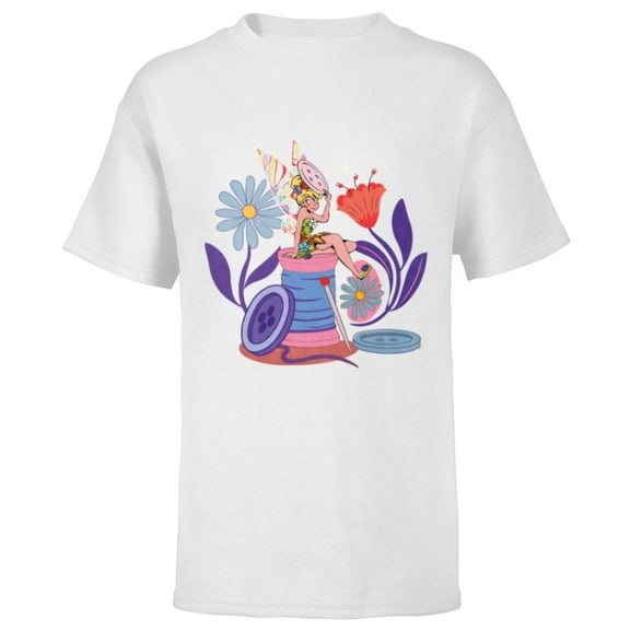 Disney Princess Tinker Bell Fairy Buttons and Thread - Short Sleeve T-Shirt for Kids - Customized-White