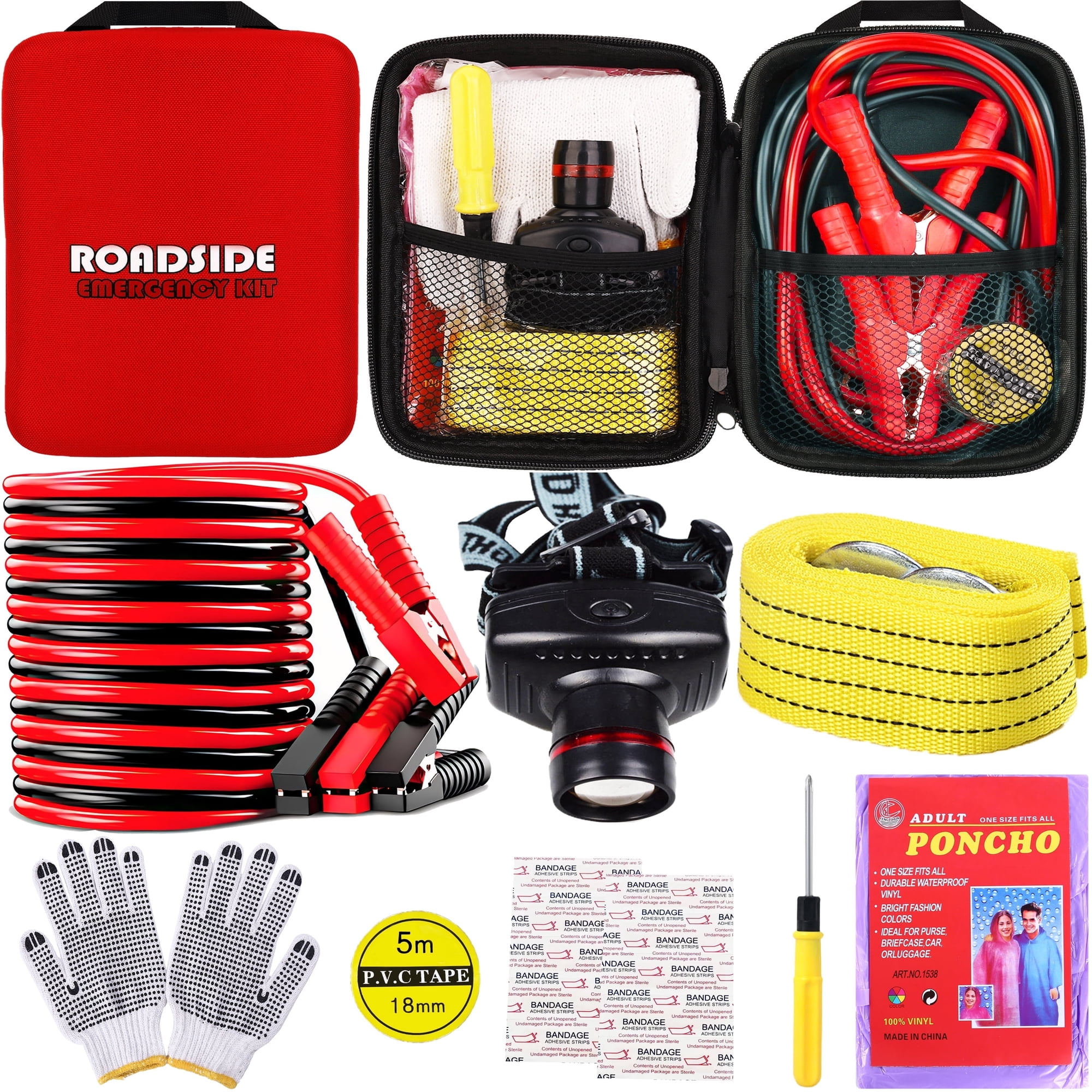 YILAIRIOU Car Roadside Emergency Kit, with Jumper Cables Automotive Kit,Car Safety Roadside Assistance Kit Headlamp,Tow Straps,Screwdrivers, Rainwear, Gloves.Red
