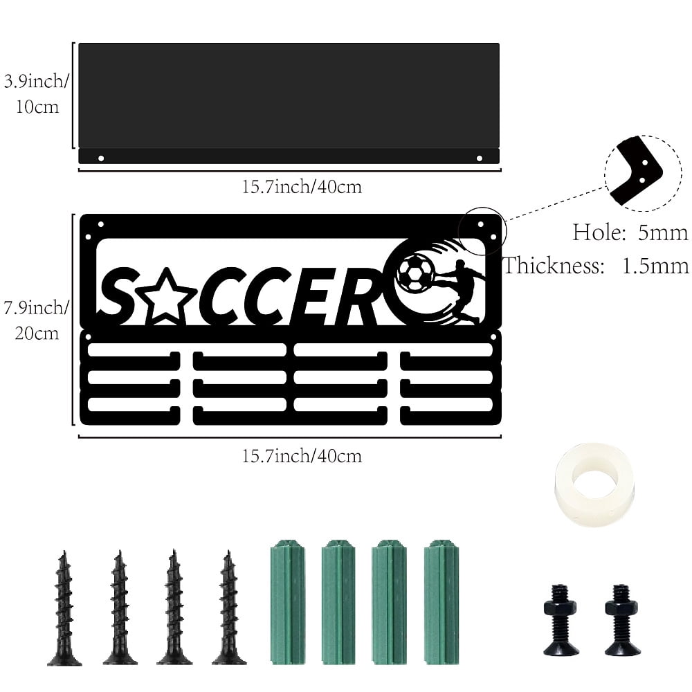Soccer Medal Hanger Display Trophy Holder Shelf Black Metal Iron Wall Mount Hold 60+ Medals Awards Ribbons Stand Rack with 12 Hooks for Sports