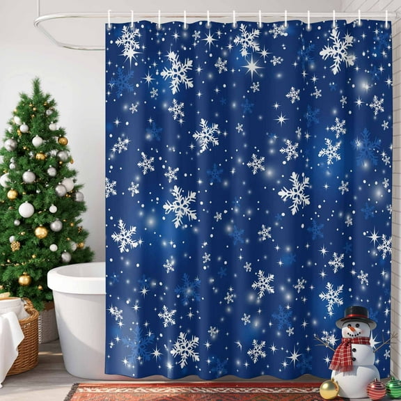 Navy Blue Christmas Snowflakes Shower Curtain, 72" x 72", Winter Snowfall Shiny White Waterproof Bathroom Curtain Washable Shower Curtain Set with 12 Hooks