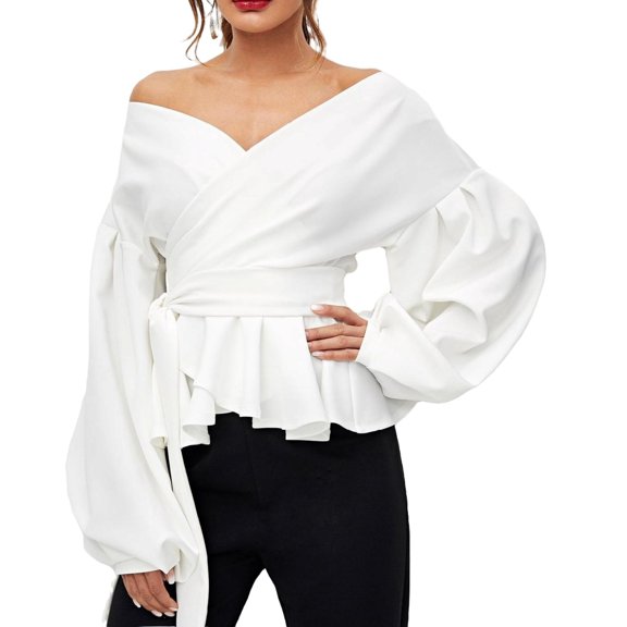 Elegant Plain null Off the Shoulder White Long Sleeve Women's Blouses XS (2)