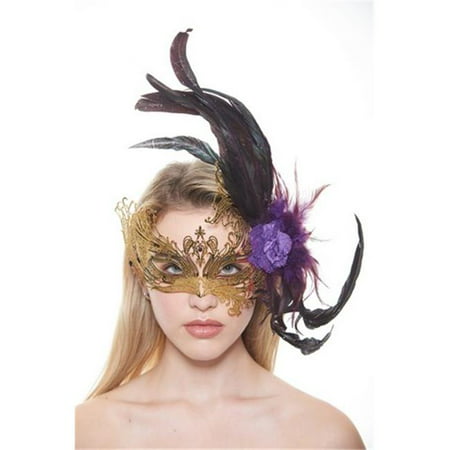 Majestic Gold Swan Laser Cut Masquerade Mask with Feathers & Purple Flower Arrangement - One Size