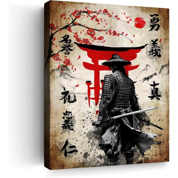 Aaheei Samurai Warrior Canvas Wall Art Japanese Torii Gate Cherry Blossoms Wall Decor Vintage Home Decor Poster Japanese Cultural Artwork Red and Black Wall Art for Living Room Office 8 x 10 in