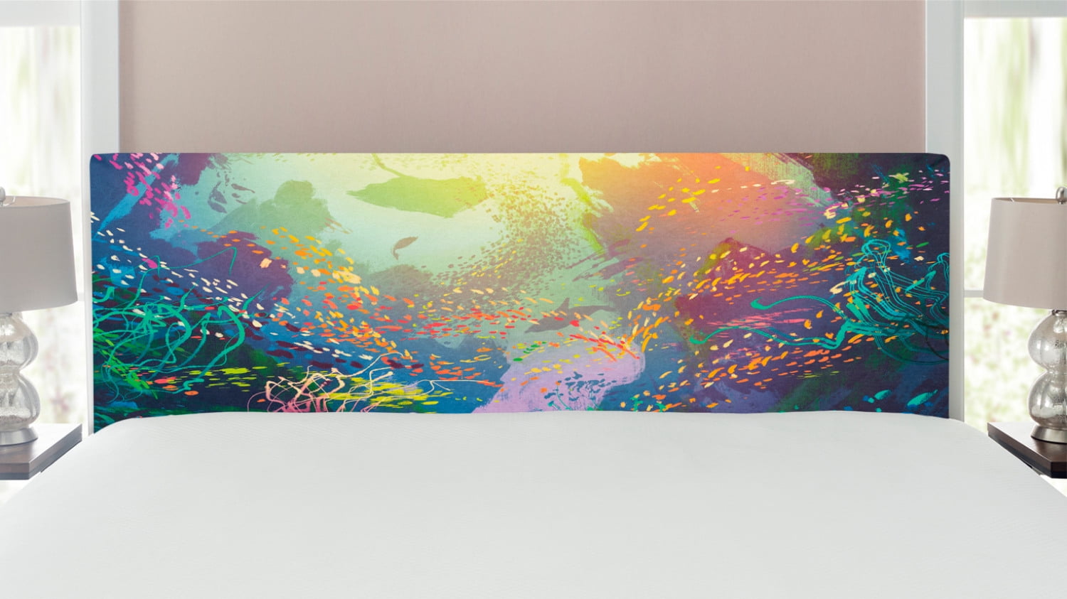 Sea Animals Headboard, Underwater with Coral Reef and Colorful Fish