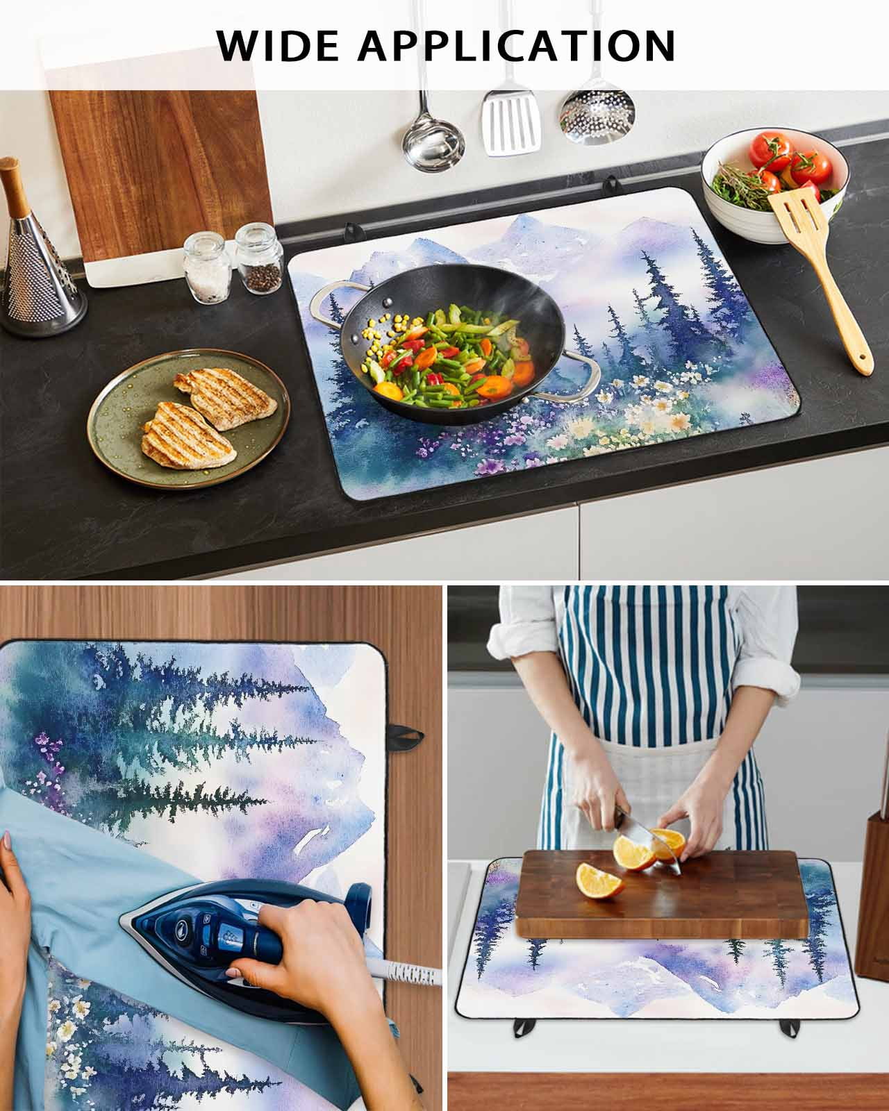 nqOlkjepod Large Induction Cooktop Protector Mat 24"x21", Green Purple Mountains Stove Top Covers for Electric Stove, Watercolor Forest Wildflower Stove Burner Cover Mats, Glass Top Stove Cover