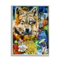 Stupell Industries Wolf with Abstract Florals Animals & Insects Painting Gray Framed Art Print Wall Art, 11 x 14