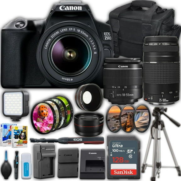 Canon EOS 250D DSLR Camera With Canon EF-S 18-55mm F/3.5-5.6 DC III Zoom Lens   EF 75-300mm f/4-5.6 III Lens   SanDisk 128 GB Memory Card   Camera Case   50" Tripod   3 Pcs Filter Kit   More