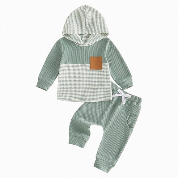 HCNTES Toddler Baby Boy Fall Outfit Set Contrast Color Stripe Long Sleeve Hoodie Hooded Jogger Pants Infant Waffle Clothes
