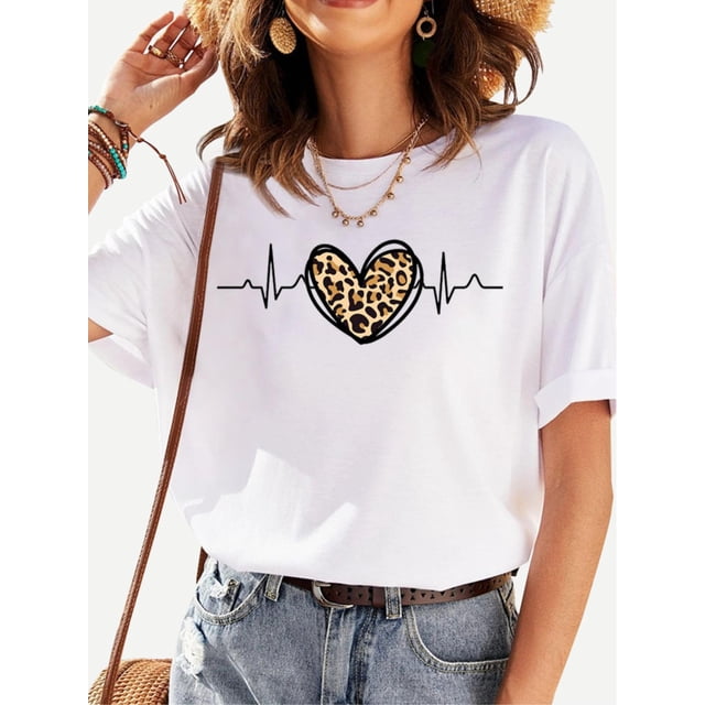 Camiseta básica para mujer veranoA Round-Neck Printed T-Shirt, Vintage Casual Printed Top for Women.Father's Day, Mother's Day, New Year, Spring Festival, Valentine's Day, Independence Day, birthday