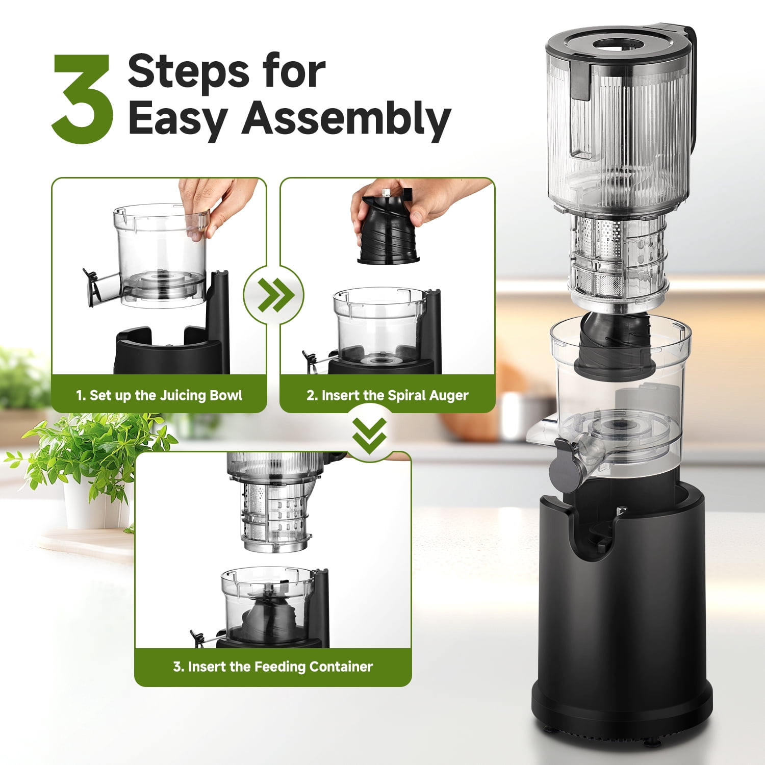 Sunmaki 5.2-Inch Slow Cold Press Auger Extractor Juicer for Whole Fruits and Vegetables, BPA-Free, Easy to Clean, Black