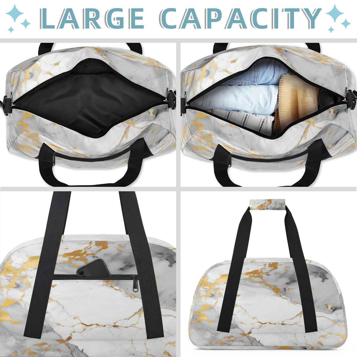 Herdesigns Grey White Gold Marble Sports Duffle Bag for Women & Men, Modern Abstract Gym Bag Dance Bag Overnight Bag Carry On Weekender Travel Bag