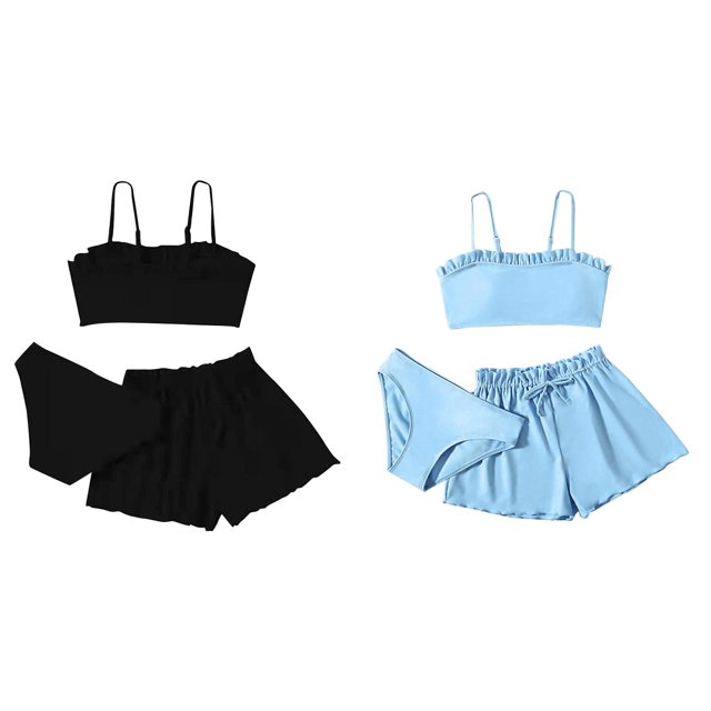 (2-Pack) Rinsvye Girls Solid Ruffle Trim 3 Piece Swimsuit Set Bathing Suit With Tankini And Skirt For Kids Beach Swimming Pool