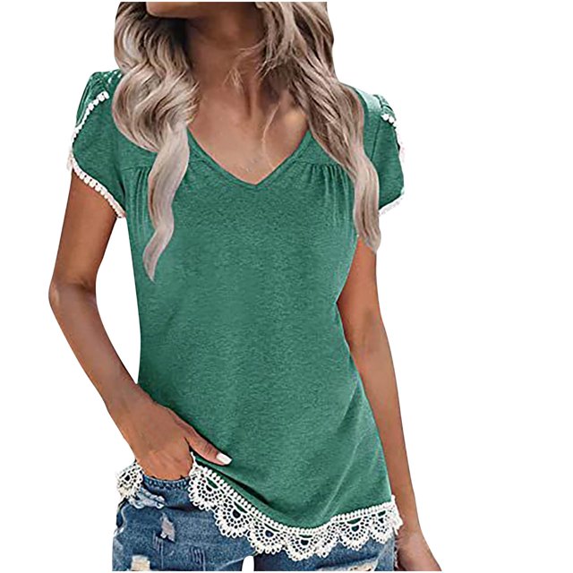 Blouse Décontractée Shirts Short Sleeve pour Femmes Col en V Pull Couleur Unie Mode Dentelle