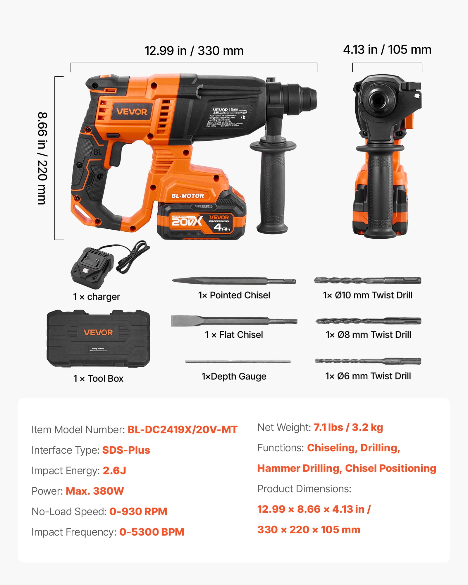 VEVOR Rotary Hammer Drill, 7/8 in SDS-Plus Cordless, 20V Battery Powered Rotary Hammer, Brushless, Including Battery, Charger, 3 Drill Bits, Flat Chisel, Pointed Chisel, Carrying Case, for Concrete