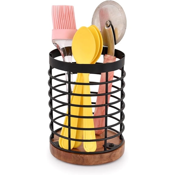 Black Iron Kitchen Utensil Holder with Acacia Wooden Base Round Flatware Storage for Countertop (4.5" x 4.5" x 6")