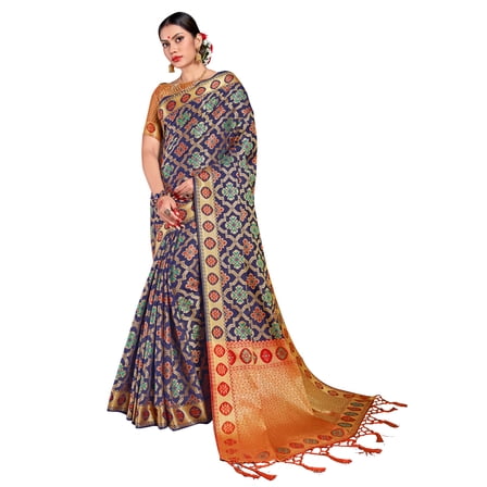 Sarees for Women Banarasi Patola Art Silk Woven Saree l Indian Ethnic Wedding Gift Sari with Unstitched Blouse Navy Blue