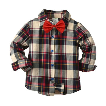 

Toddler Boys Long Sleeve Winter Autumn Bow Tie Shirt Tops Coat Outwear For Babys Clothes Plaid Red Boxers Boys Size Large
