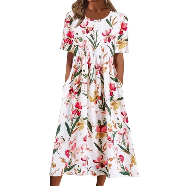 ZAXARRA Robe Longue pour Femmes, Élégante Robe d'Été Décontractée à Manches Courtes Col Rond Imprimé Fleur/encre