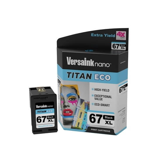 VersaInk-Nano 67 XL Titan ECO High-Yield Black Ink Cartridge Replacement of HP 67 and 67 XL, Works with HP DeskJet 2723,2734,2755,2855,4133,4155,4255, Envy 6055,6075,6455,6475