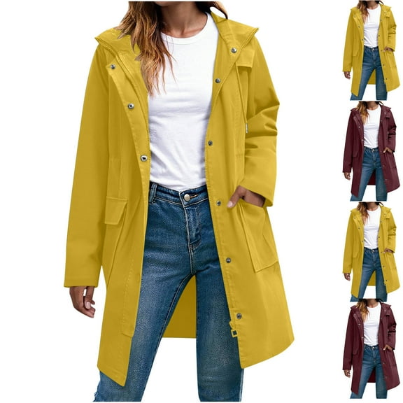 Miluxas Women Waterproof Lightweight Zipper Long Sleeve Rain Jacket Active Outdoor Hooded Raincoat Yellow XL(XL)