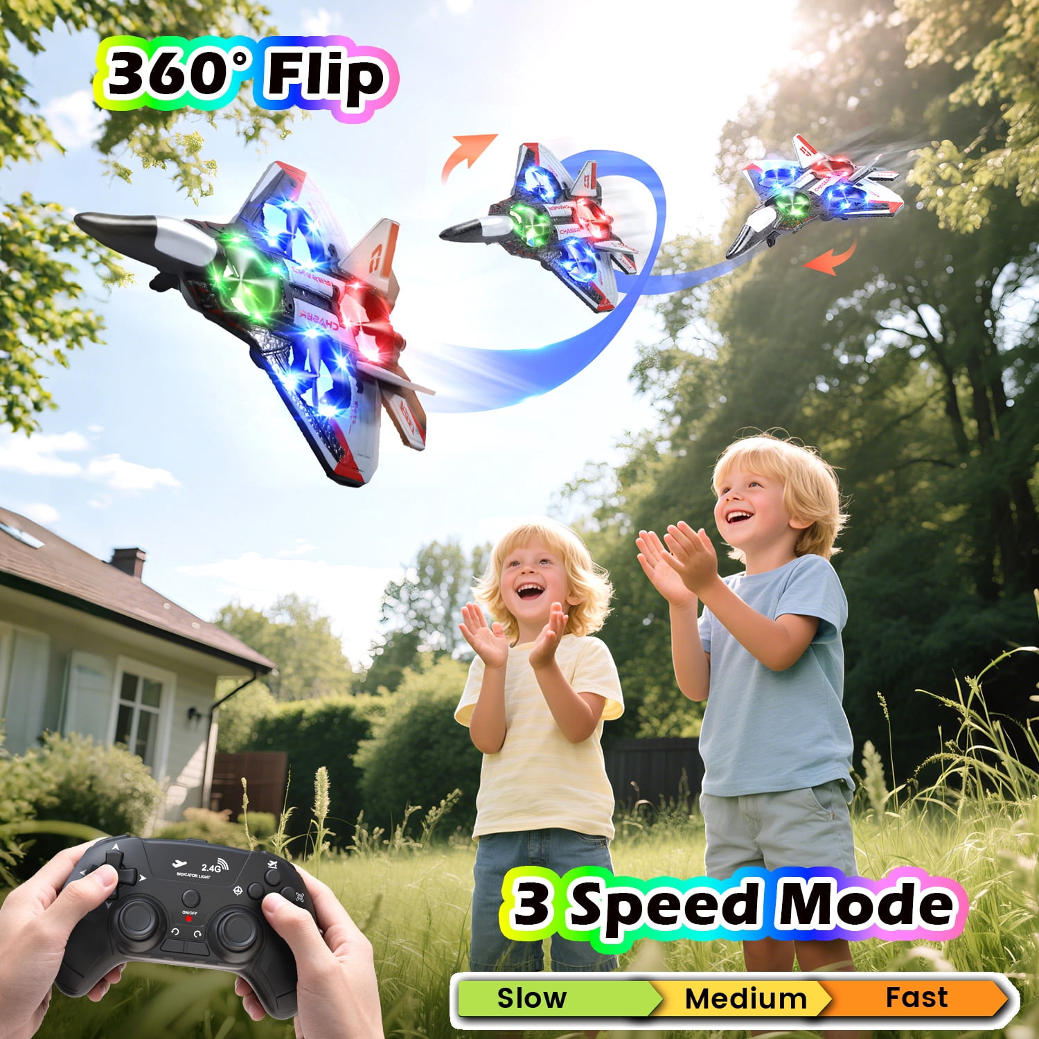 JoyStone Foam Remote Control Airplane, Jet Fighter RC Plane Stunt Drone Toy with LED Lights & 360° Spin, Easy to Fly RC Glider for Kids Adults, Red