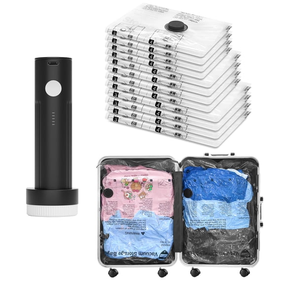 Vacuum Bags for Travel with Rechargeable Pump, 12 Combo (4L/4M/4S) Compression Packing Seal Bags for Luggage Suitcase, Space Saver for Clothing and C