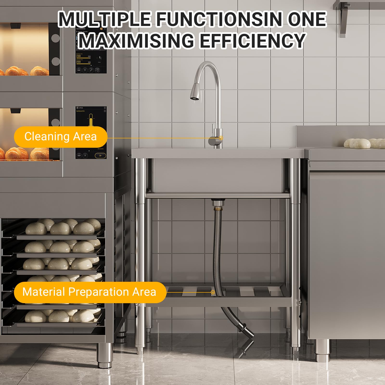 Freestanding Stainless Steel Utility Sink 28x20x34", Single Bowl, Hot & Cold Faucet, Adjustable Legs, Rapid Drainage, Built-in Knife Storage