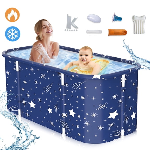 Beuway 47in Large Foldable Bathtub for 2 People, Portable Adults Kid Tubs for Hot Ice Bath,Blue
