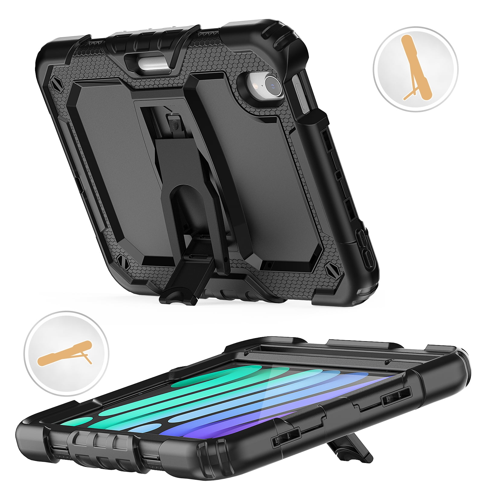 for iPad mini 6th Gen 8.3" 2021 Case with PET Screen Protector + Pencil Holder + Stand + Shoulder Strap | Heavy Duty Protection 3 Layer Silicone PC Case for iPad mini 6th Generation | Black