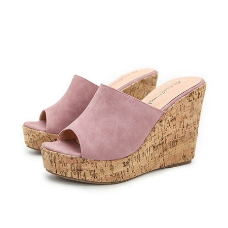 

Ecqkame Women s Wedges Slippers Clearance Women s Summer Solid Color Thick Bottom Slope Heel High Heel Fish Mouth Slippers Pink 42
