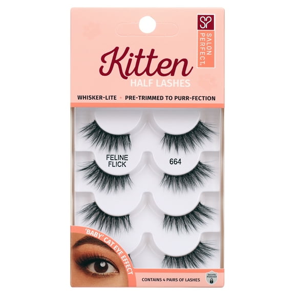 Salon Perfect Kitten False Half Lashes Fake Eyelashes, Feline Flick, 664, Black, 4 Pairs