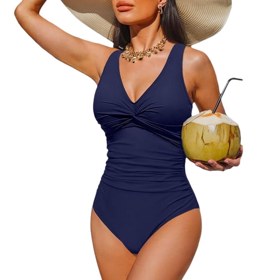 Women Tummy Control One Piece Swimsuit V Neck Push Up Bathing Suit Full Coverage Slimming Swimwear Navy M