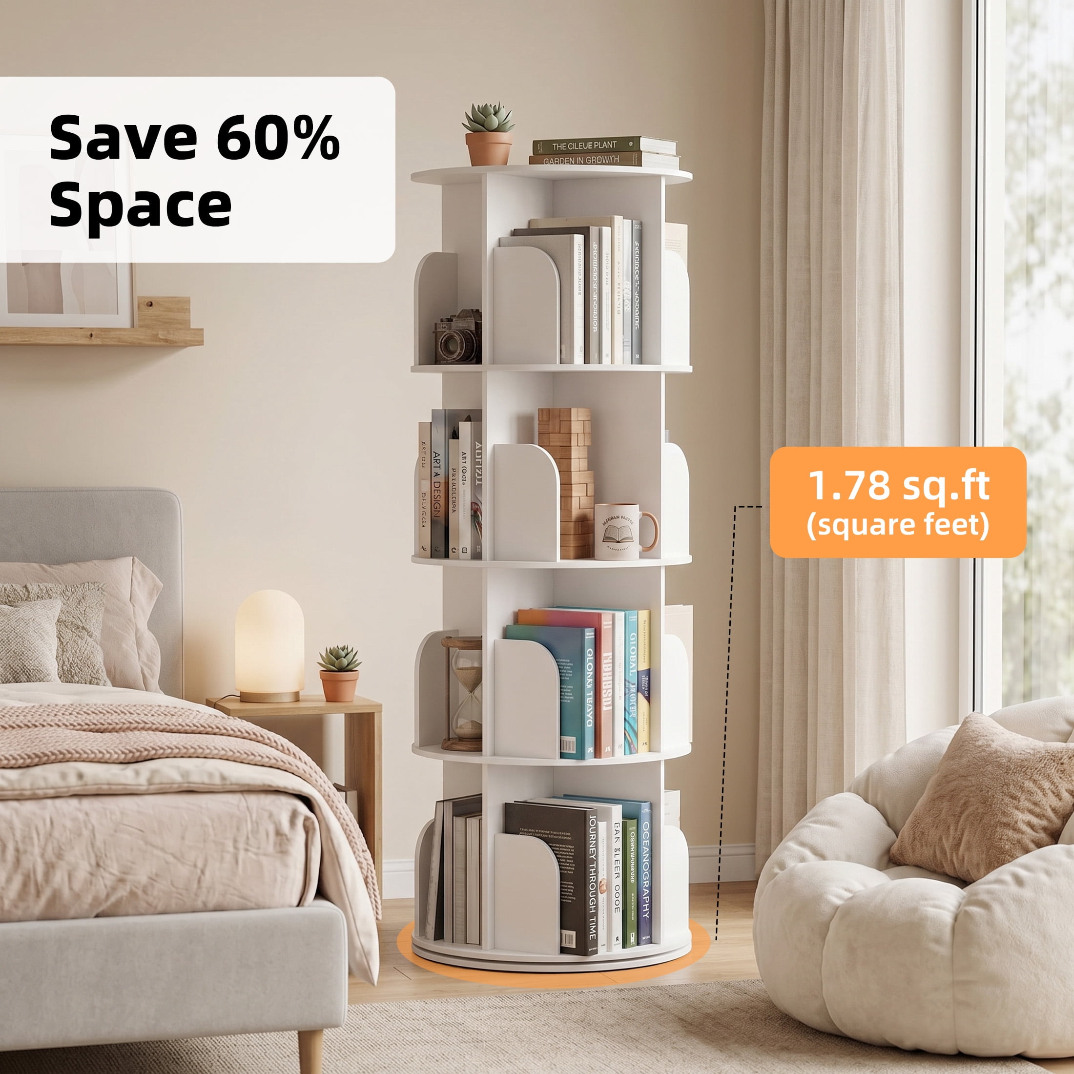 Gianna 4 Tier Rotating Bookshelf, 360 Display Floor Standing Bookcase Storage Rack, White