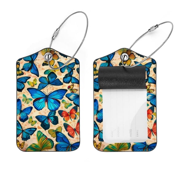 PhooArto 2 Pcs Wolofrul Butterflies Pattern Luggage Tag for Suitcases, Leather Baggage Tags Identifiers for Travel, Stainless Steel Loop Name ID Label for Women Bag Backpack