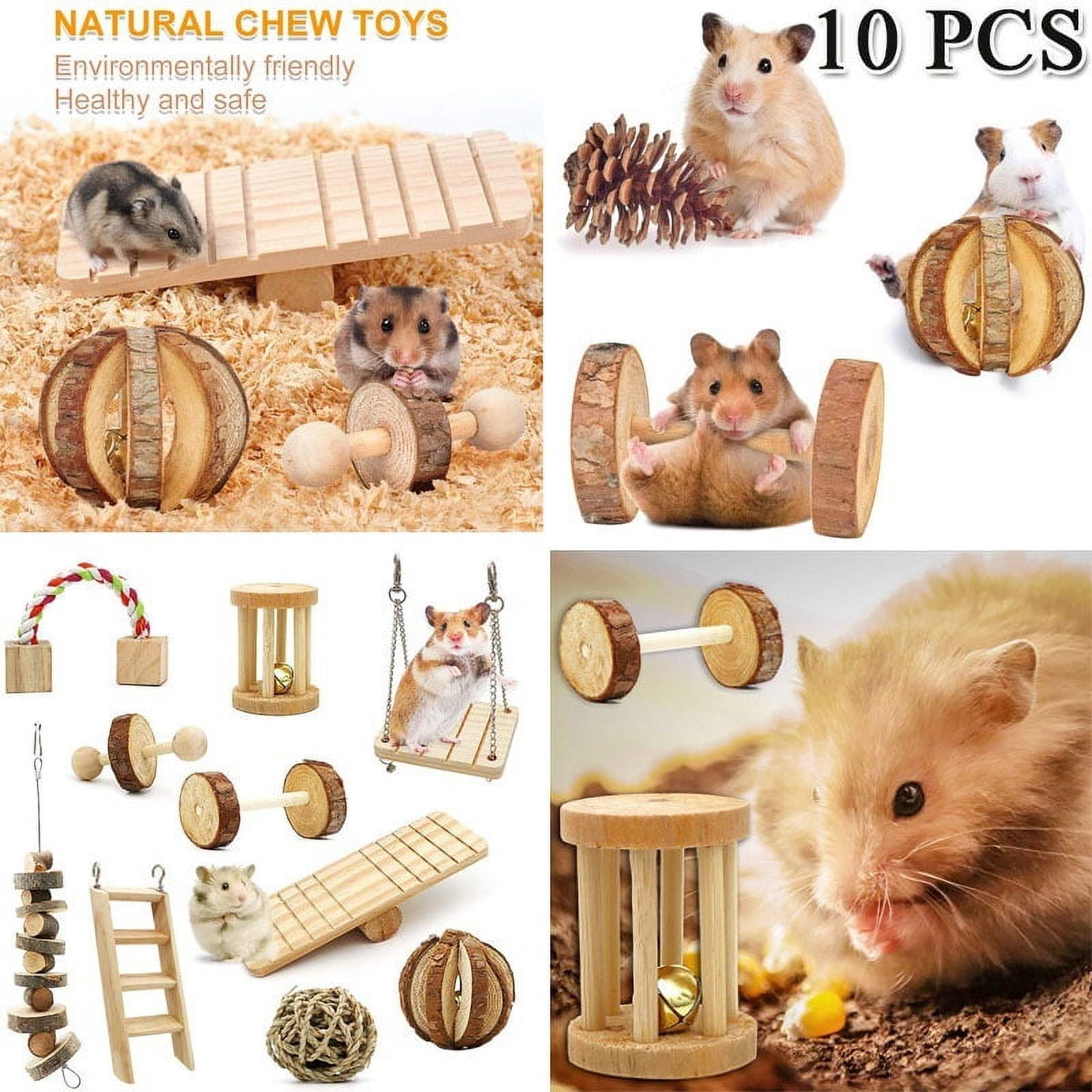 ODOMY 10 Pcs/set Hamster Toy Set Wooden Dumbbells Teeth Care Molar Toy Natural Wooden Exercise Bell Roller Toy