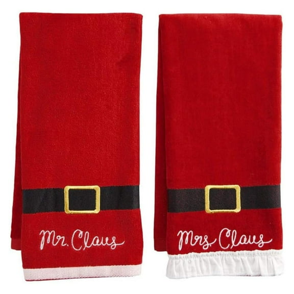 Christmas Towels, Red Bath Hand Towel Set of 2, Mr. & Mrs. Claus with Santa Belt Decorative Design 25 x 16 Inches Bathroom Decorating for The Holidays