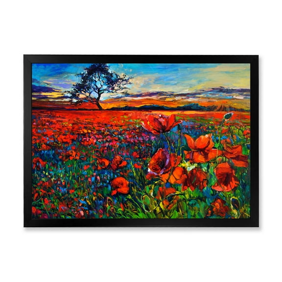 Designart 'Blossoming Red Poppy Fields With Distant Tree' Traditional Framed Art Print