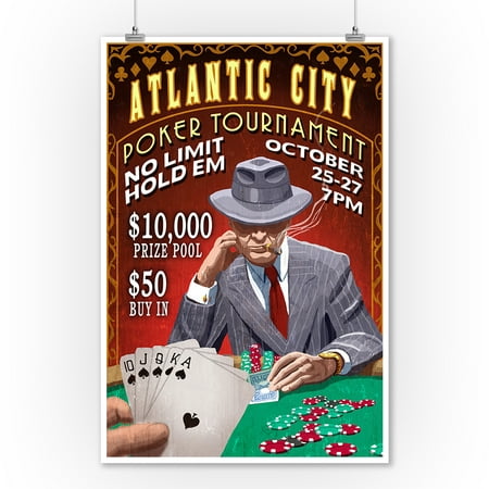 Atlantic City - Poker Tournament Vintage Sign - Lantern Press Poster (9x12 Art Print, Wall Decor Travel