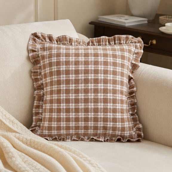 Ruffle Gingham Throw Pillow Covers, 18x18Inch Vintage Farmhouse Checkered Style Pillow Covers, 100% Cotton Decorative Pillow Covers for Sofa Bed