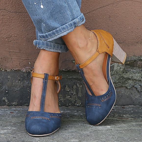 Kayannuo Sandales pour Femmes Liquidation Mode pour Femmes Chaussures Simples pour Femmes Ajourées à Boucle Talon Épais Patchwork Sandales à Talons Cadeaux pour Femmes