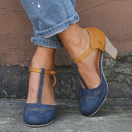 

Sunvit Womens Heeled Sandals- New Style Low Heel Roman Buckle Casual Hollow Thick Heels Summer Sandals #454 Blue-6.5-7