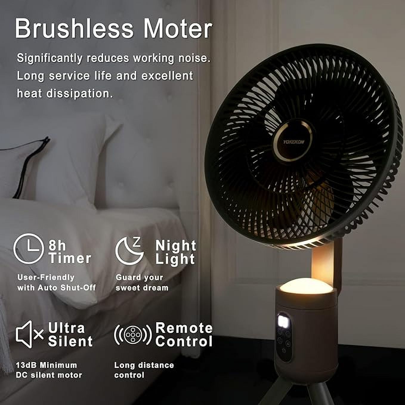 YOKEKON Oscillating Standing Fan, Outdoor Fan for Patios, Floor Fan with Rechargeable Battery for Room/Patio/Camping/Travel