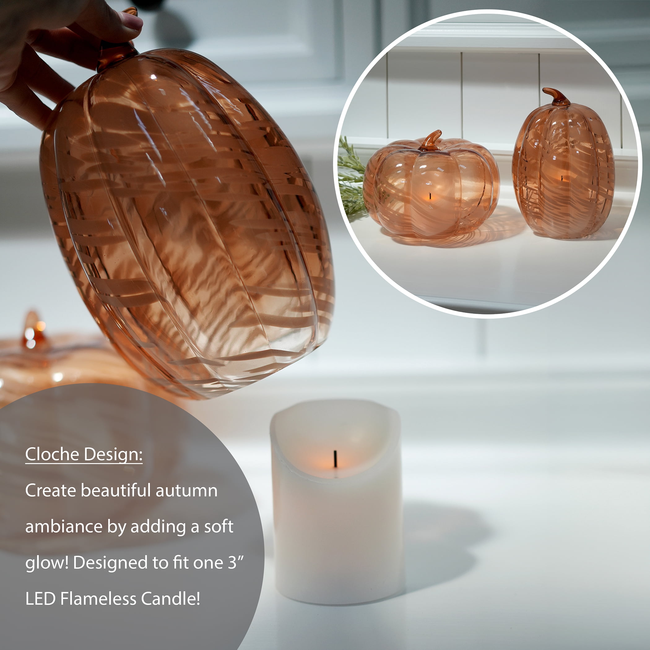 Better Homes & Gardens Fall Decorative Wide Marble Glass Pumpkin Cloche Candle Holder, Orange