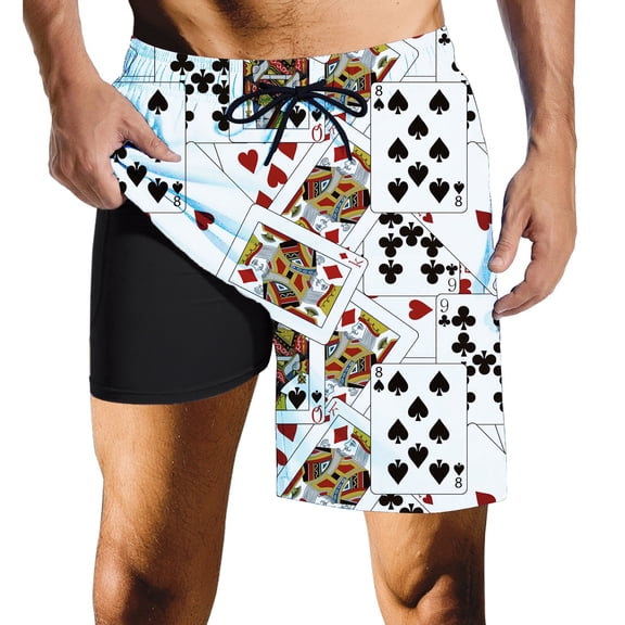 White Poker Mens Swim Trunks With Compression Liner Quick Dry Zipper Pocket Bathing Suit For Beach Summer S