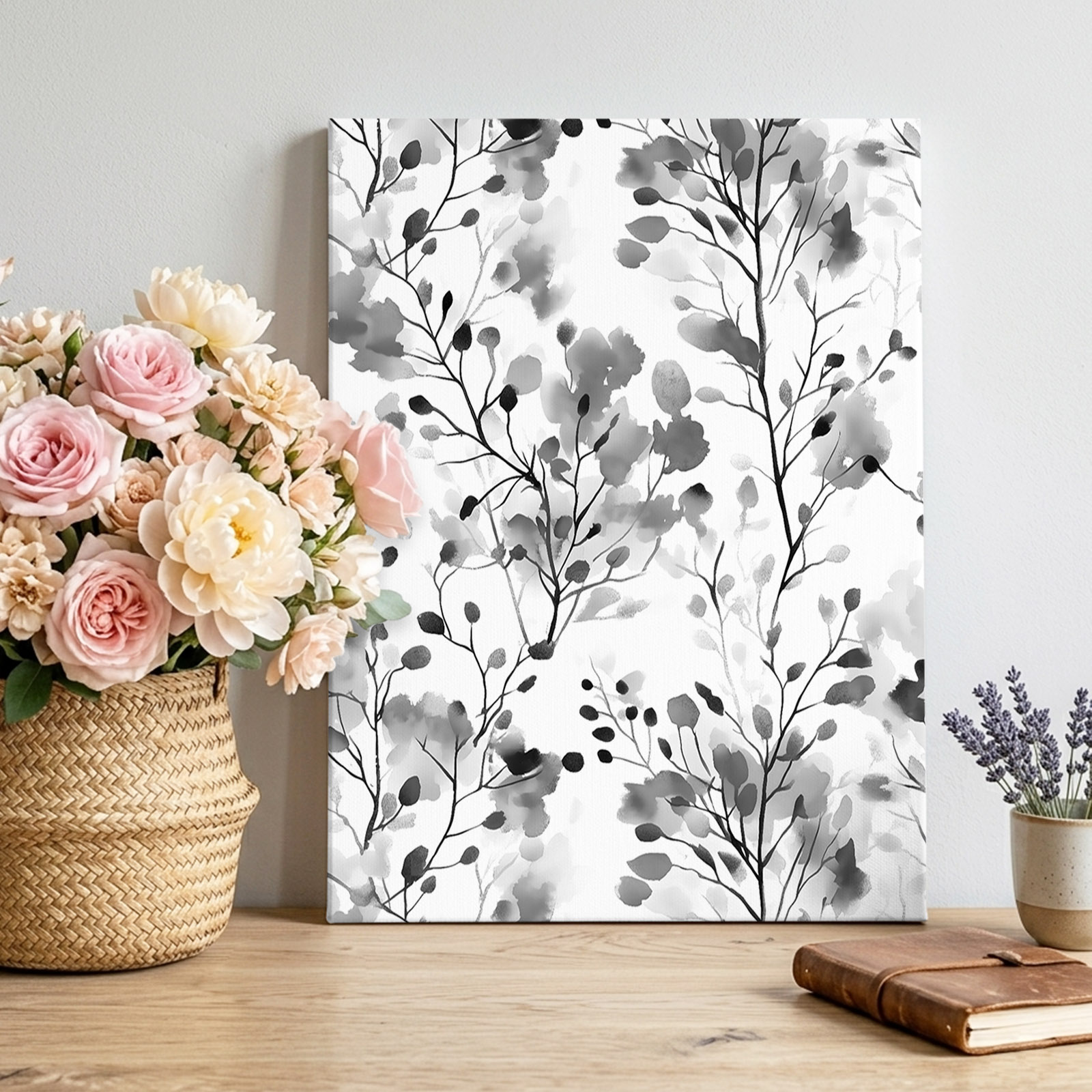 Vintage Gray Canvas Wall Art Framed Wall Decor for Living Room Bedroom Bathroom, Wildflowers Leaves Abstract Botanical Branch Canvas Pictures Ready to Hang Decor, 16"x24"