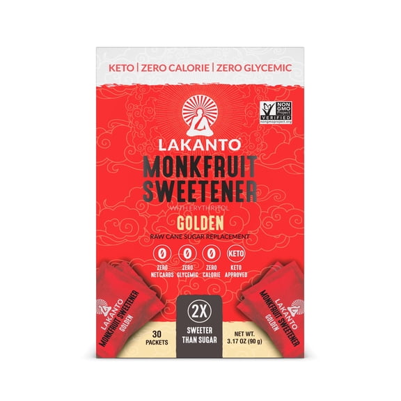 Lakanto Monk Fruit Sweetener Packets - Raw Cane Sugar Replacement, Zero Net Carbs, Zero Glycemic, Zero Calorie, Keto, Sweeten on the Go, Coffee, Lemonade, Other Drinks, Desserts (Golden, 30 Count)