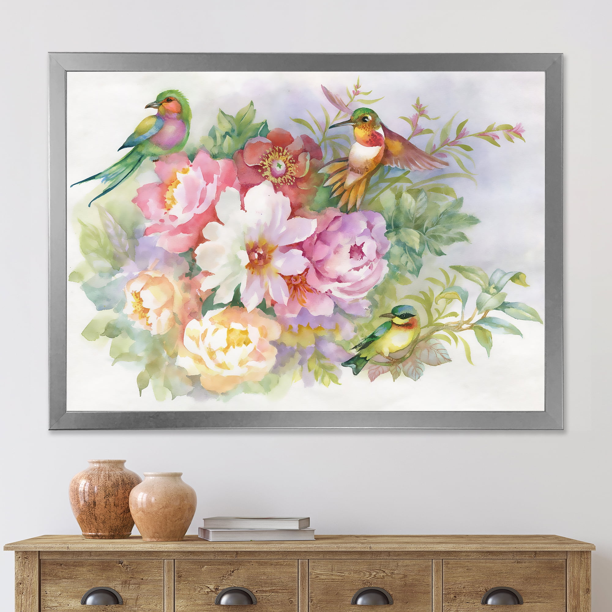 Designart 'Colourful Birds and Vibrant VIntage Flowers' Traditional Framed Art Print