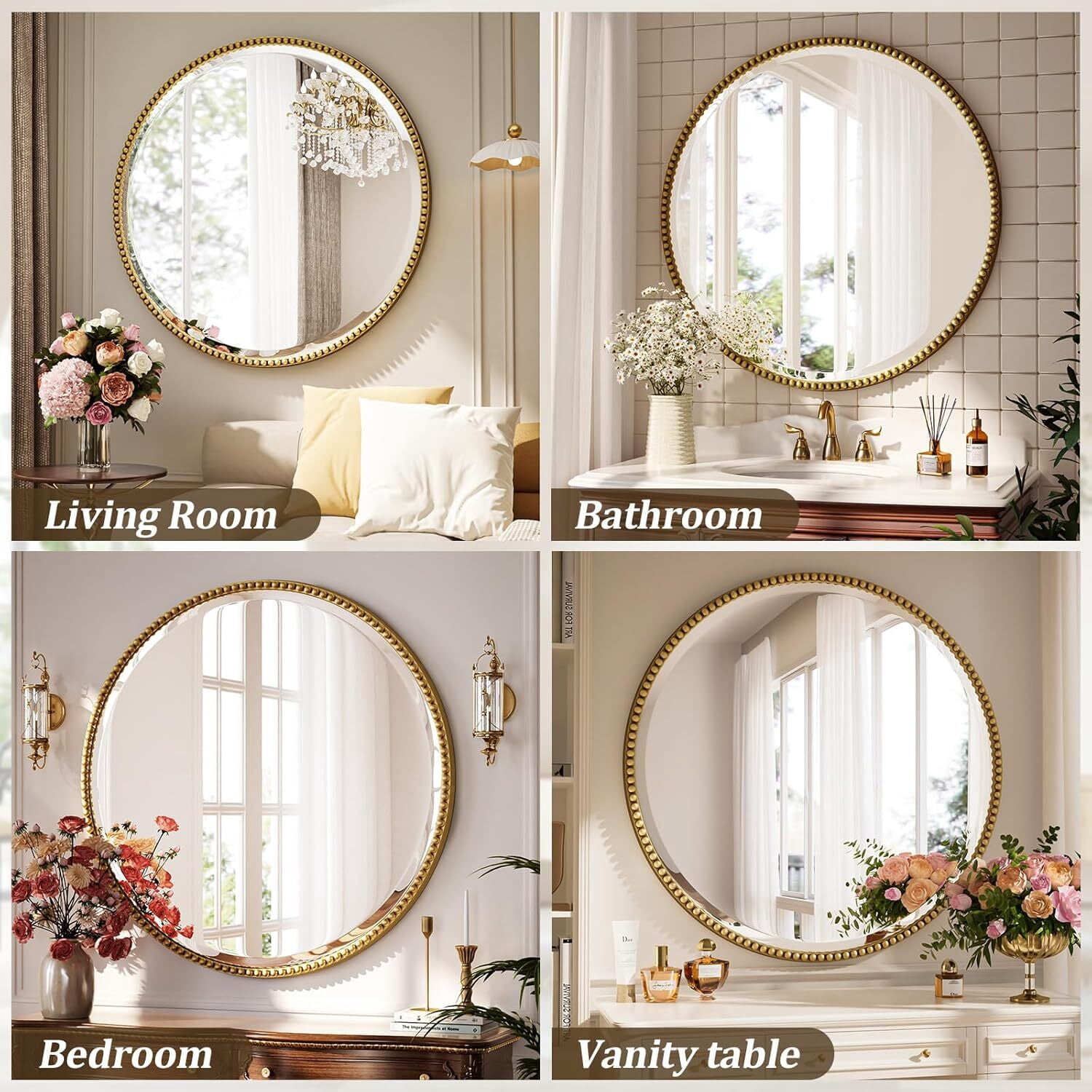 Mirrasia 32" Round Wall Mirror Decoration Hanging Mirror With Beaded Frame,Gold